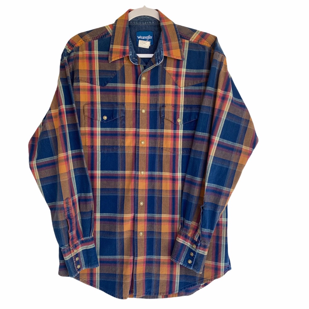 VTG Wrangler Western Blue Long Sleeve Plaid Pearl Snap Medium